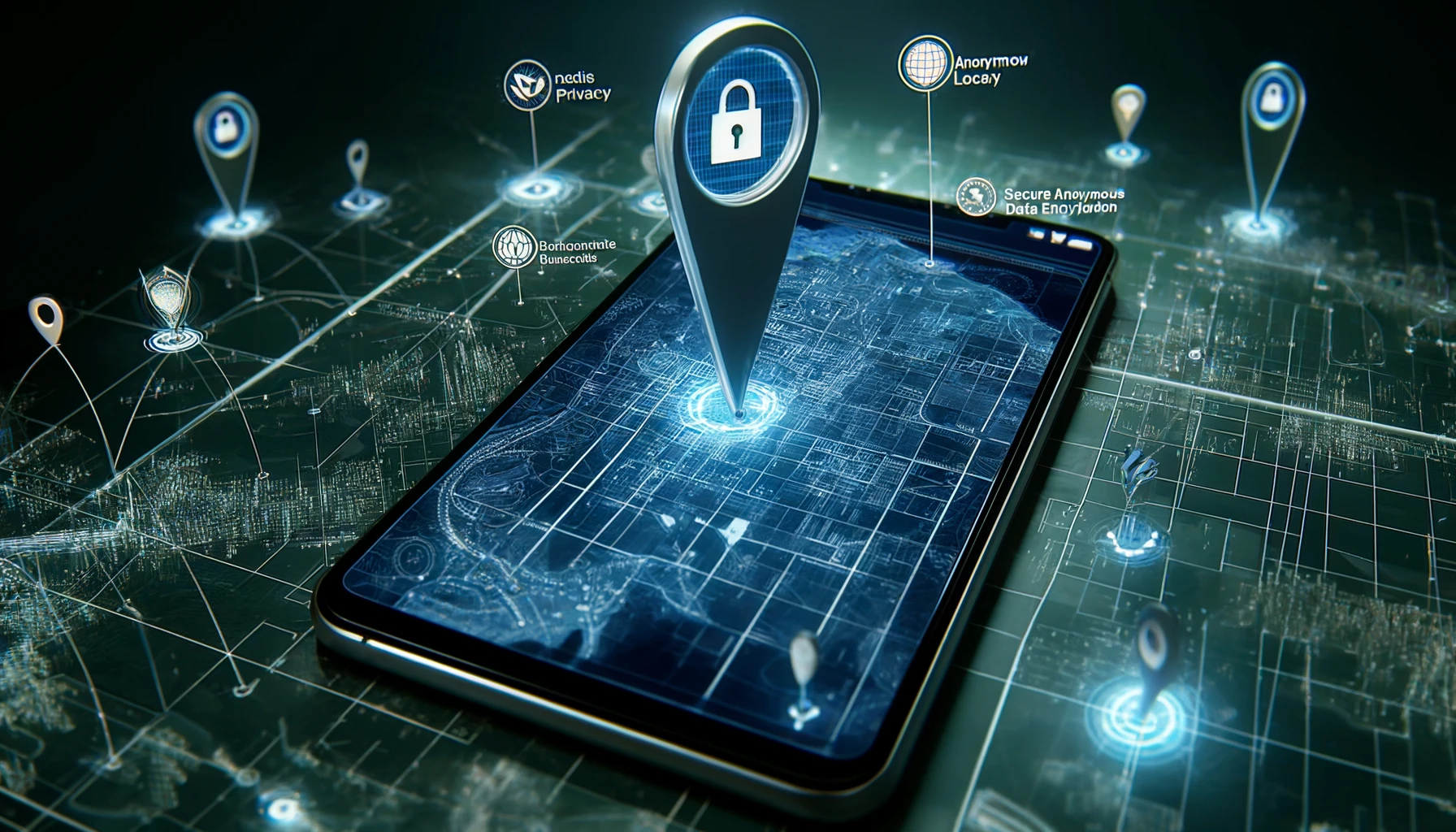 an imaginary encrypted digital map on a smart device, displaying dynamic, anonymous location data points scattered across a virtual city grid.