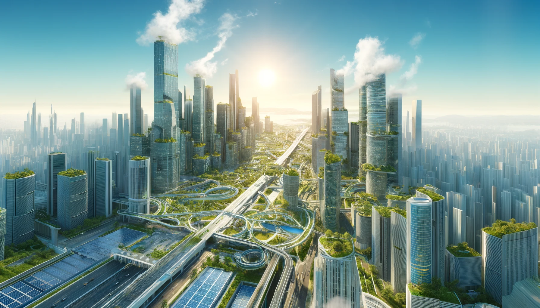 A futuristic cityscape with advanced, sustainable architecture and integrated green spaces, showcasing a blend of technology and nature.