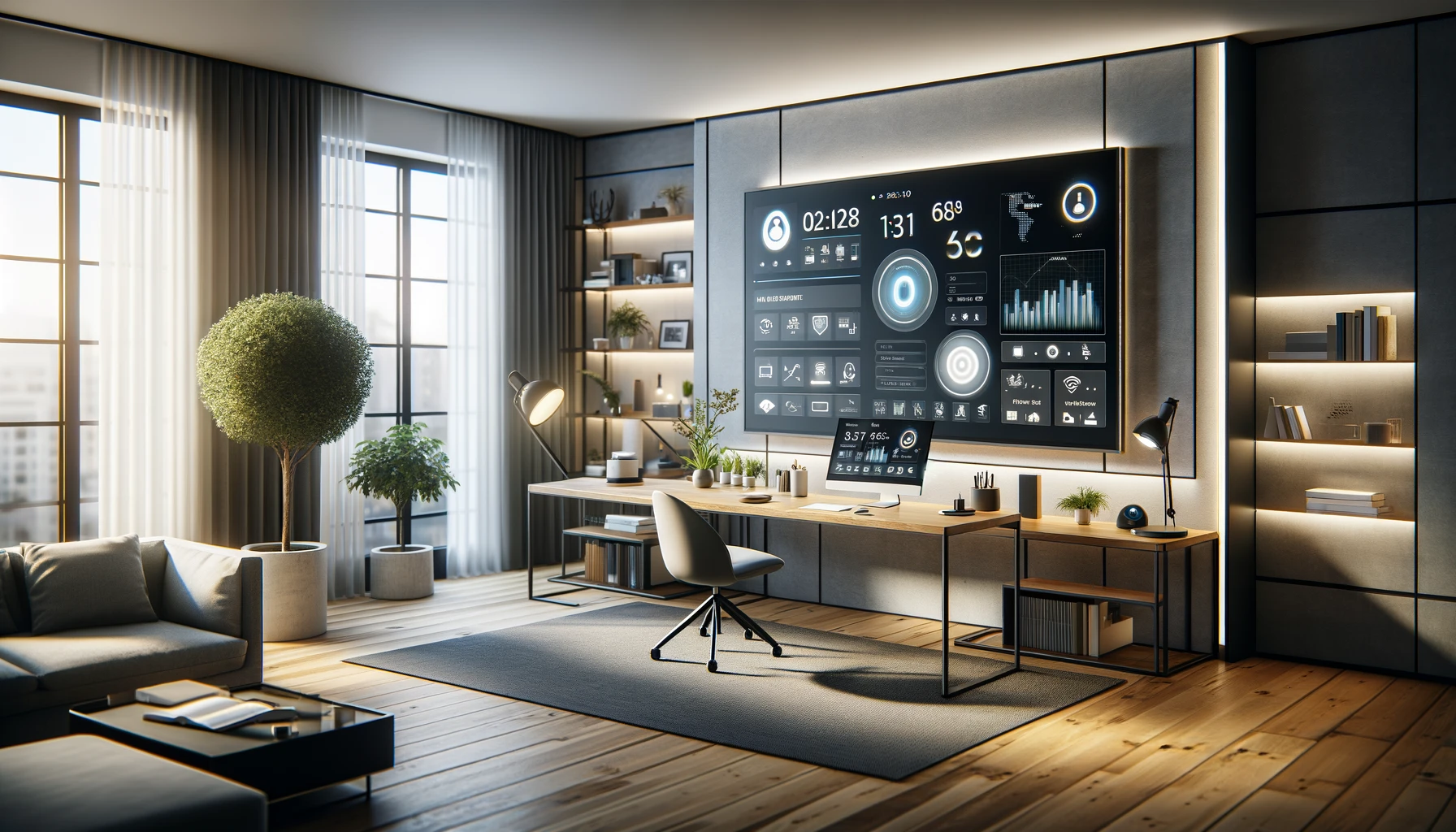 a home office outfitted with smart technology, featuring an intelligent assistant device, adjustable smart lighting, and a digital display showing a home automation dashboard.