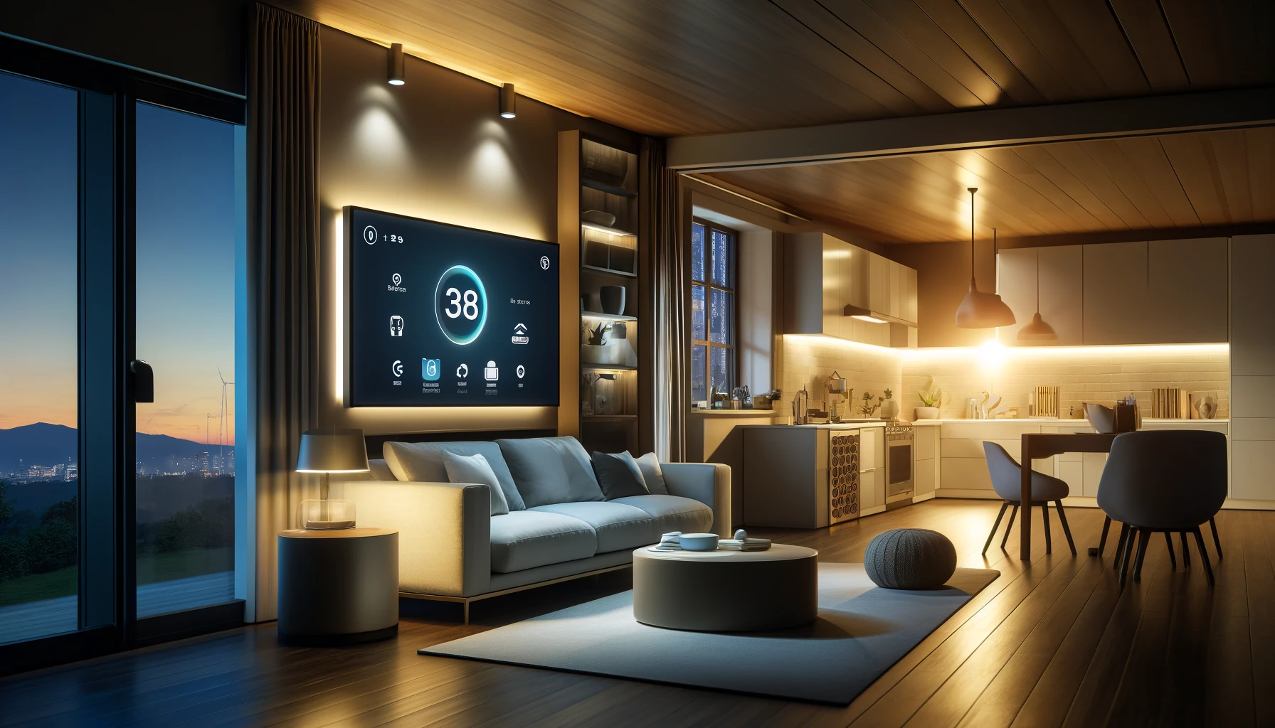 a living room equipped with smart home technology, including energy-efficient appliances, voice-activated smart thermostat, and discreetly placed smart security cameras, all illuminated by soft smart lighting.