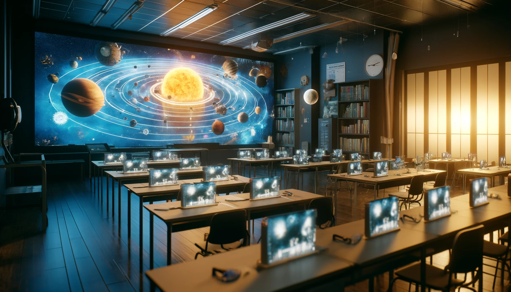a classroom of the future, equipped with augmented reality technology, where digital 3D models of the solar system float above desks, and tablets display interactive AR content.