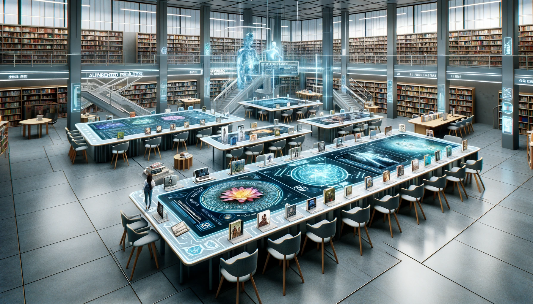 a futuristic library space designed for interaction with augmented reality books. Books project interactive 3D models and animations, while AR-enabled devices and interactive displays line the walls, encouraging exploration and discovery.