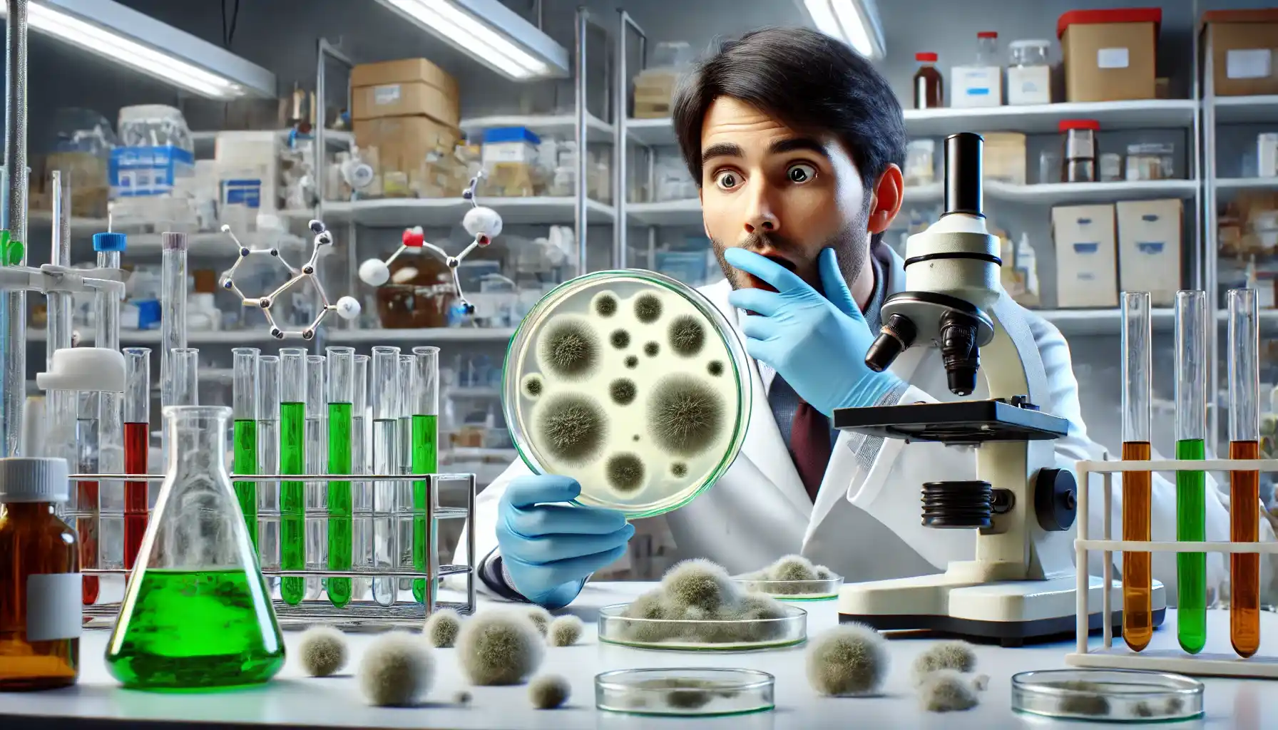 A scientist in a laboratory, surrounded by research equipment, is looking surprised at a petri dish where mold is growing.
