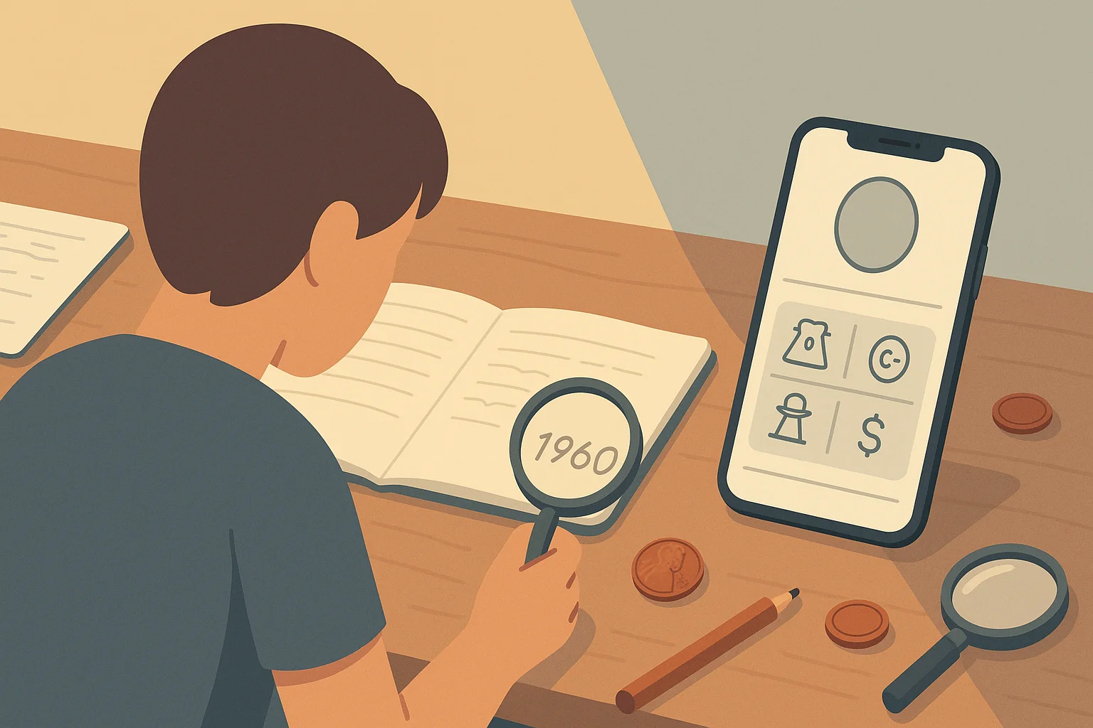 A student is exploring a coin and takes notes with the help of an iPhone coin app.