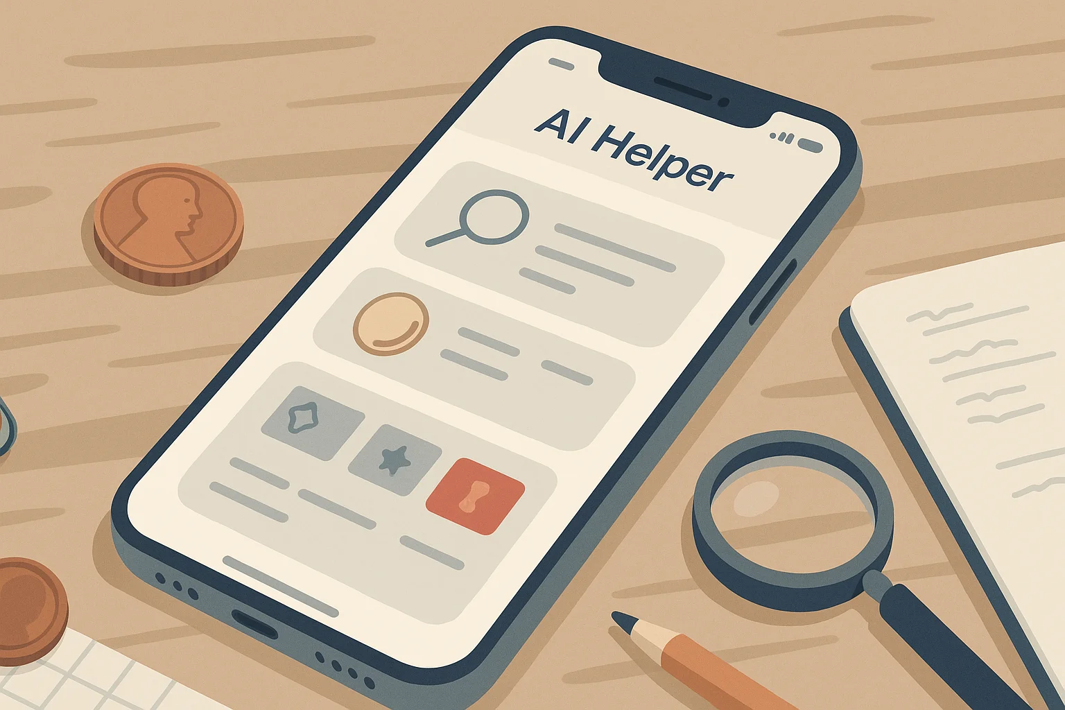 An iPhone app with an opened AI Helper dialog.